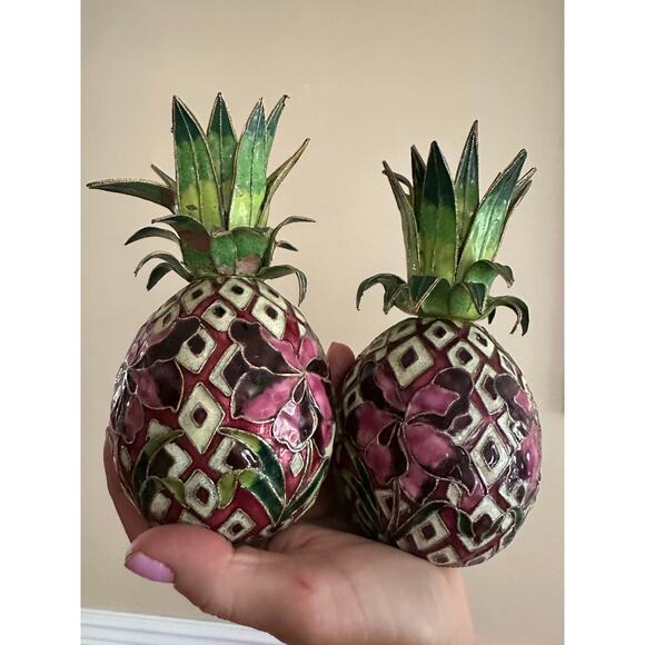 2 Vintage Cloisonné Enameled Pineapple Candlestick Holders Hollywood regency set - Picture 9 of 16
